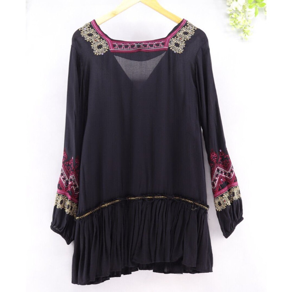 Free People Women's Black Drop Waist Embroidered Mini Dress Bohemian Sz S - Picture 2 of 9